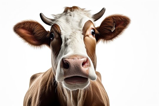 Close-up portrait of surprised cow on the pasture. Funny animal photo. Surprise expression and opened mouth.