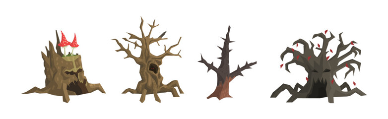 Spooky Landscape Elements with Tree Stump Vector Set - obrazy, fototapety, plakaty