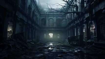 Design a sinister-looking, overgrown asylum with shattered windows, twisted corridors, and a sense...