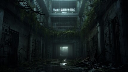 Design a sinister-looking, overgrown asylum with shattered windows, twisted corridors, and a sense of abandoned sanity - obrazy, fototapety, plakaty