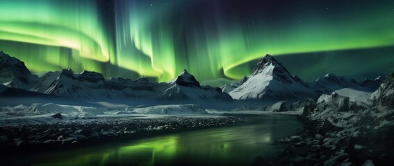Aurora borealis in Iceland with snow covered mountains and reflection