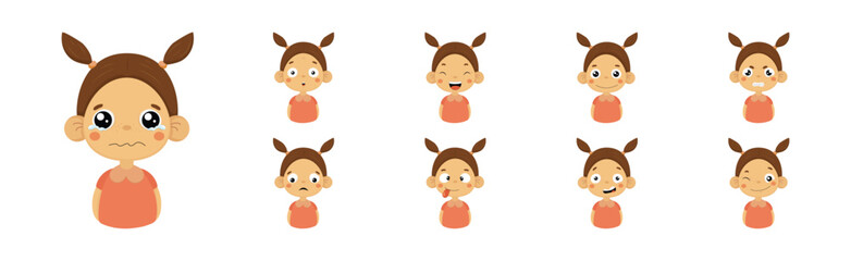 Funny Girl Character Show Face Emotion and Expression Vector Set