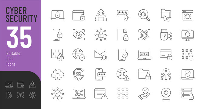 Cyber Security Line Editable Icons set. Vector illustration in thin line modern style of cyber protection related icons: personal data protection, passwords, types of cyber dangers, and more.