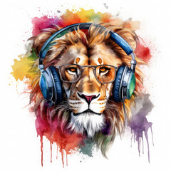 Dj lion with headphones and sunglasses Illustration, Generative Ai