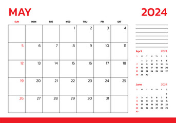 May 2024 Calendar. Week start on Sunday. Desk calendar 2024 design, simple and clean design, Wall calendar for print, digital calendar, Corporate design planner template vector.