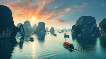 Ha Long Bay Vietnam beautiful sunset landmark - obrazy, fototapety, plakaty