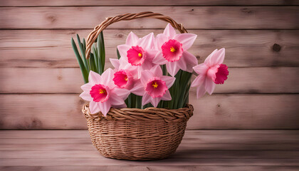 Pink Daffodil basket on a wooden background 
