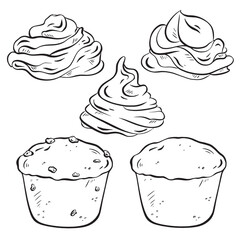Hand-drawn vector sketch. Muffin builder. Various bases: plain chocolate chip and cookie chunks. Tempting cream on top. Design your own set for home, school, or daycare. for cards and greetings
