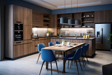 AI generation. Sleek and modern, the dark kitchen exudes industrial flair and