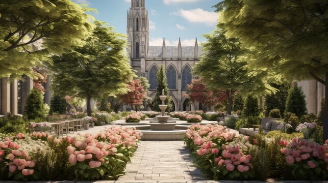 The courtyard garden, with sculpted hedges and vibrant flowers providing a serene backdrop to the towering cathedral