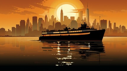 The elegant silhouette of a ferry, adorned with warm, ambient lighting, against the backdrop of a coastal cityscape