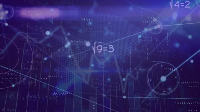 Animation of mathematical equation and connected dots over abstract background