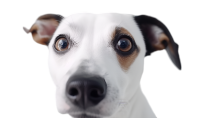 Close up of an adorable white jack russell terrier's face, the skin around the left eye is brown, isolated on transparent background. 