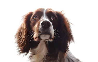 Cloes up shot, portrait of English Springer Spaniel, looking up. isolated on transparent background. 