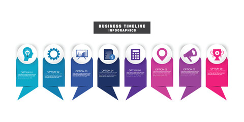 Business timeline infographic with 8 steps