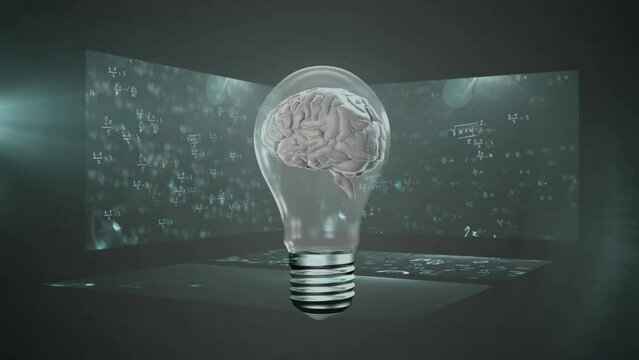 Animation of human brain in light bulb over mathematical equation against abstract background
