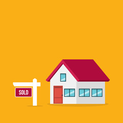 House sold. House with sold sign.	