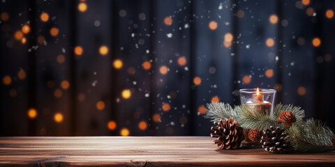 Fototapeta na wymiar Christmas candles on the empty wooden table with fir branch