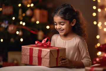cute indian girl with gift box