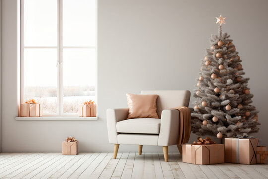 A living room decorated for christmas with presents and a christmas tree