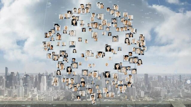 Animation of profile picture forming globe over aerial view of modern cityscape against cloudy sky