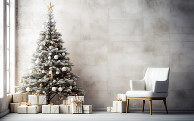 Living room christmas interior in modern style. Christmas tree with armchair on wall mockup