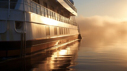 The sleek design of a ferry's hull, glistening with dew under the morning sun