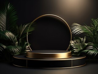 Minimal black scene with geometric shapes and palm leaves. Cylindrical gold and black podium background. 3D stage for displaying a cosmetic product.