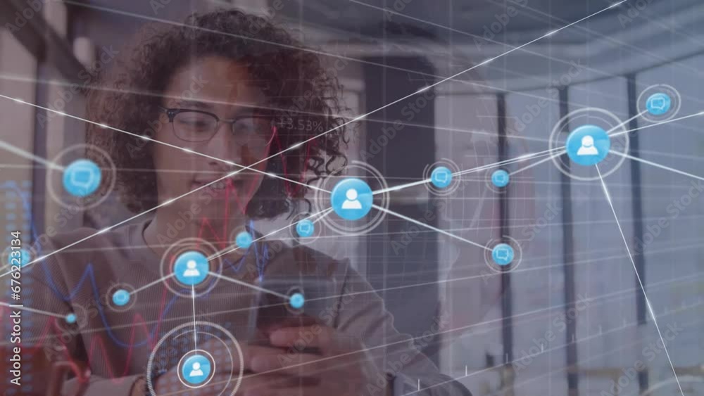 Poster animation of connected icons with graphs and changing numbers, biracial man using cellphone