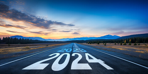 Text 2024 and dartboard on the road in the middle of asphalt road at blue sky. New year 2024 or straightforward concept.