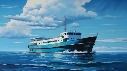 The sleek form of a ferry, captured in the midst of its voyage, with a canvas of cerulean sky above