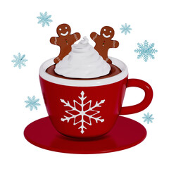 Christmas Dessert 3D , Hot chocolate with Christmas gingerbread cookies and a cinnamon stick in a red mug with a snowflake on Transparent background . 3D Rendering