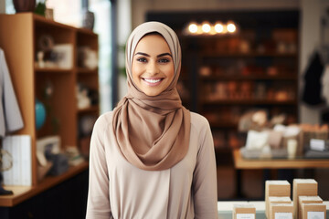 young muslim woman standing at shop - obrazy, fototapety, plakaty