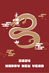 シンプルな竜で飾られた辰年の2024年度版縦向き年賀状テンプレート（赤）　2024 vertical happy new year's card template decorated with a simple dragon (red) - obrazy, fototapety, plakaty