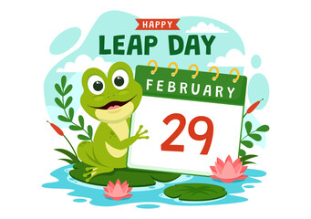 Happy Leap Day Vector Illustration on 29 February with Jumping Frogs and Pond Background in Holiday Celebration Flat Cartoon Design