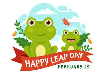Happy Leap Day Vector Illustration on 29 February with Jumping Frogs and Pond Background in Holiday Celebration Flat Cartoon Design