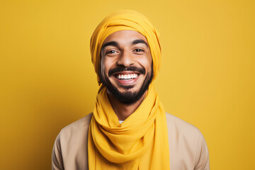 young indian man smiling on yellow background