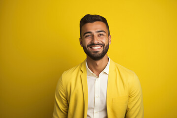 young indian man smiling on yellow background