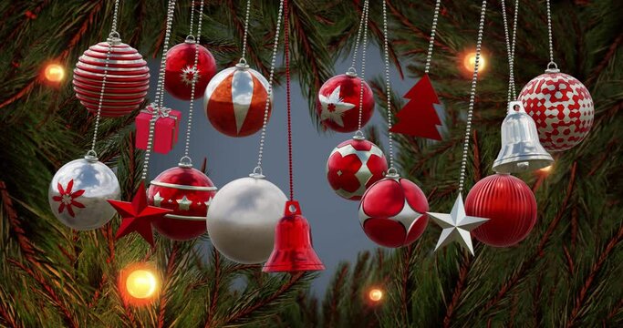 Animation of hanging baubles, stars, tree with lights over pine leaves against abstract background