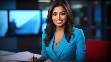 young woman news anchor - obrazy, fototapety, plakaty