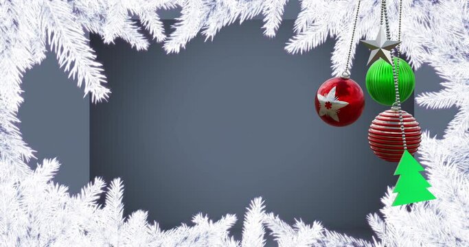 Animation of hanging baubles, star, tree with snow covered pine leaves against gray background