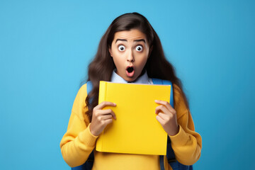 Shocked young woman holding book