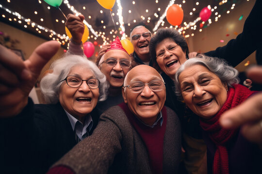 indian elderly people taking group selfie