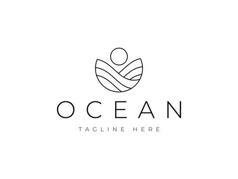 creative ocean sun wave line logo design