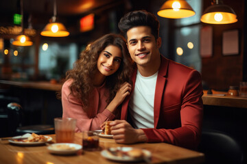 young indian couple enjoying dinner at restaurant