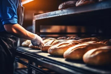  A worker in a bakery puts bread in the oven. Bread production enterprise. Bakery. Close-up. © Anoo