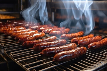 Photo of hot dogs grilling on a summer day. Industrial smoking of sausages and meat products in a factory. sausage in the smokehouse. flavorful sausages. - Powered by Adobe