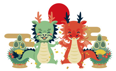門松と緑のアジア風なドラゴンと赤い洋風なドラゴンのかわいいイラスト