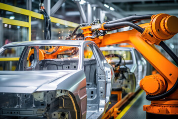 Automobile production line. Welding car body. Modern car assembly plant. Auto industry. Interior of a high-tech factory, modern production.