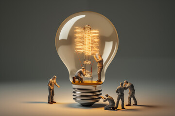Miniature Workers Performing Maintenance on a Light Bulb